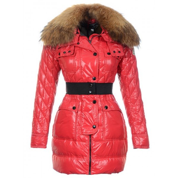 Moncler Rosso collo di pelliccia e cintura Donna eleganti Cappotti uscita